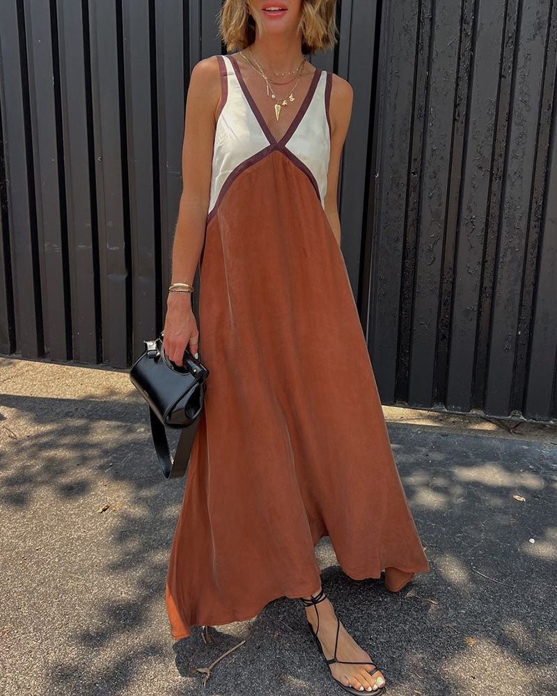 Maxi Jurk Dames - Kleurblok met Diepe V-hals | Zomer