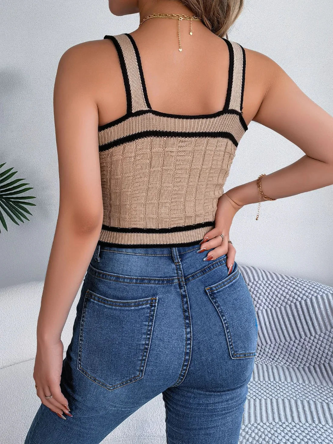 Top Dames - Gebreide Crop Top met Vierkante Hals en Knopen | Zomer