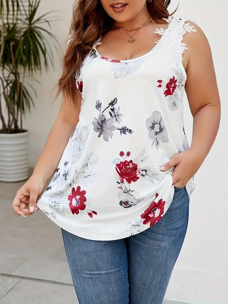Top Dames - Mouwloze Blouse met Bloemenprint en Kant Detail | Zomer