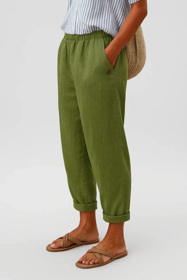 Britt - Casual Linnen Broek Dames met Elastische Tailleband en Omgeslagen Zoom