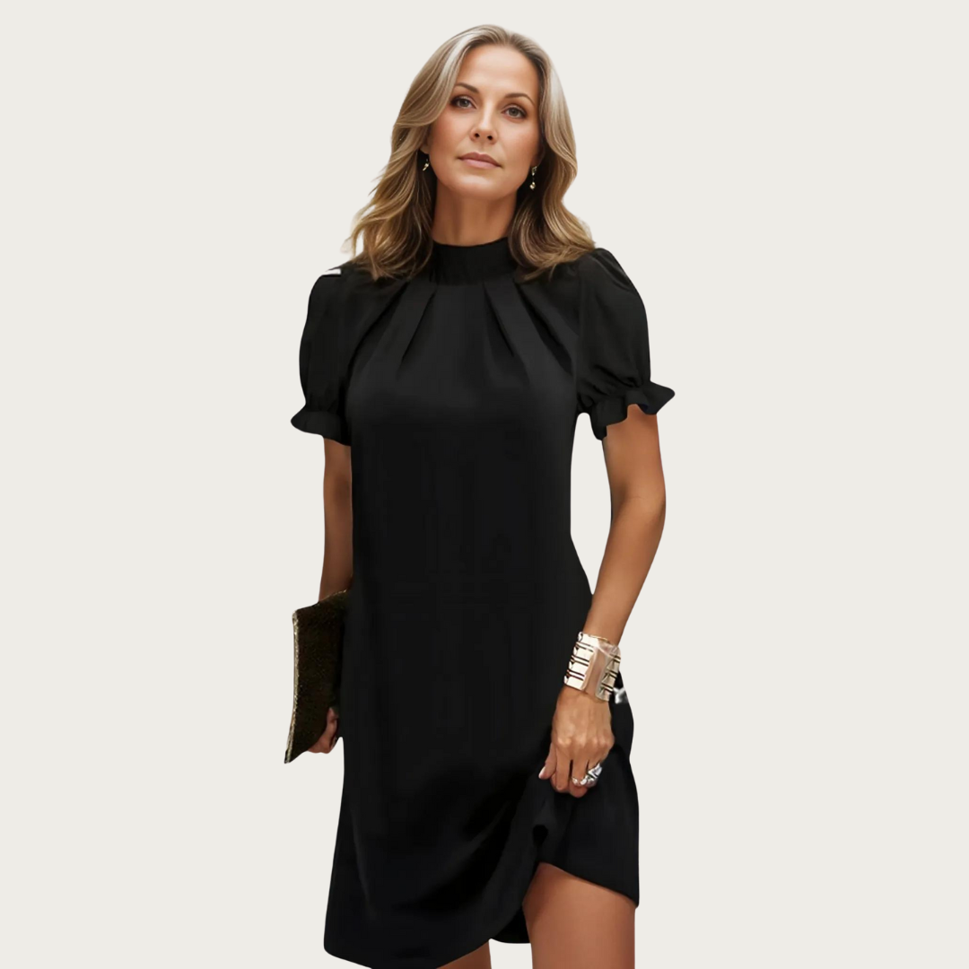 Britt - Elegante Bruiloft Gastenjurk Dames met Staande Kraag en Pofmouwtjes