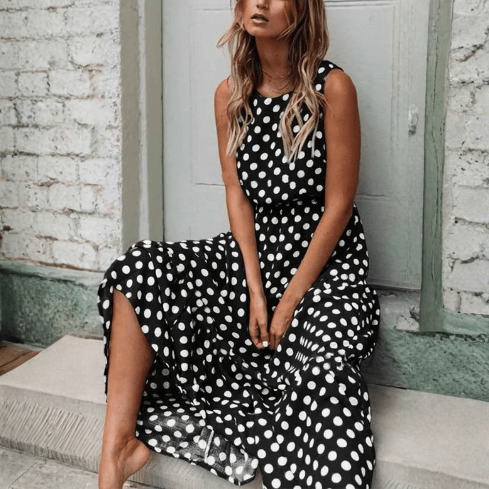 Britt - Vintage Maxi Jurk met Stippen Dames en Beensplit