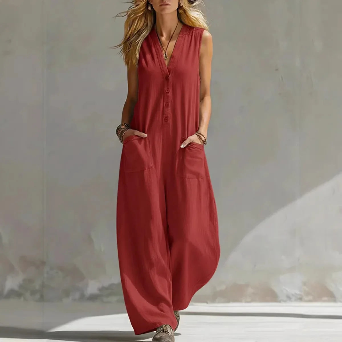 Demi - Boho Linnen Jumpsuit Dames met V-hals en Zakken