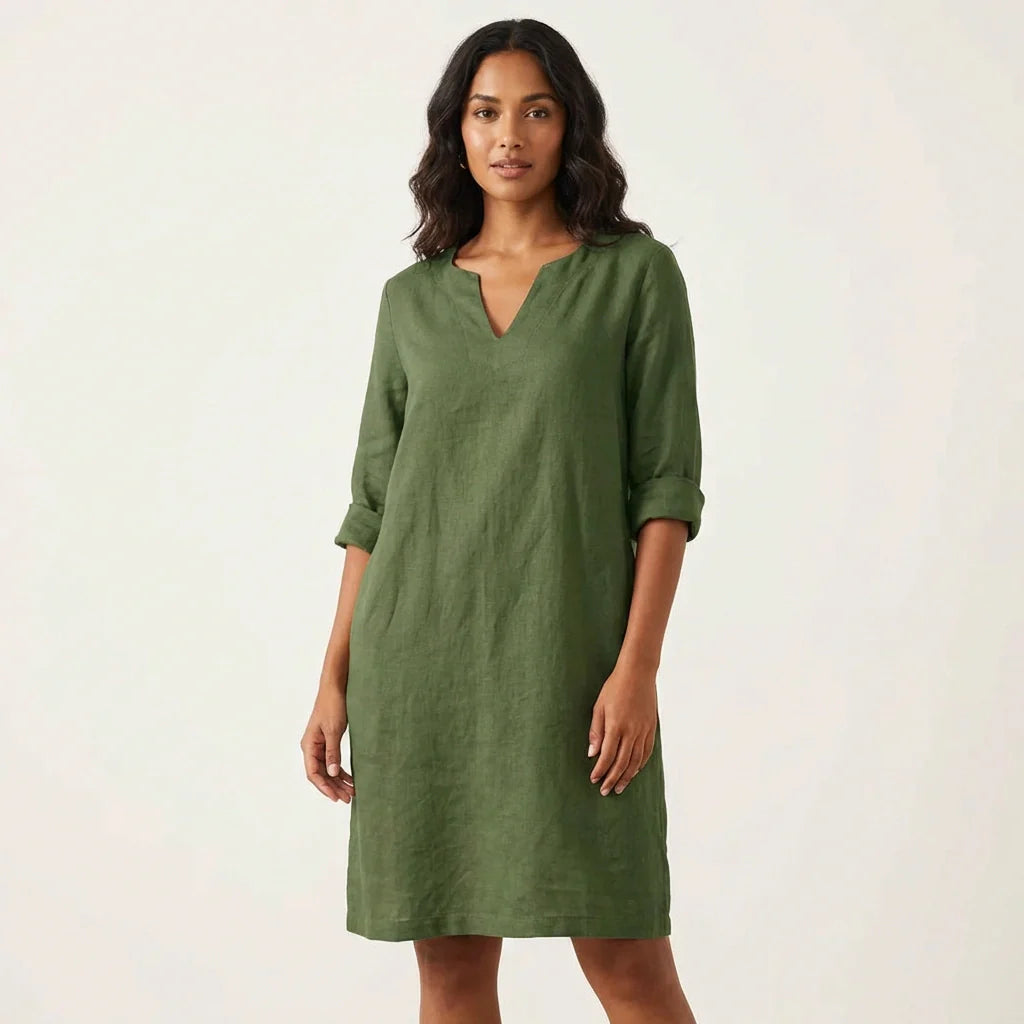 Eline - Casual Linnen Jurk Dames Midi met V-Hals en Oprolbare Mouwen