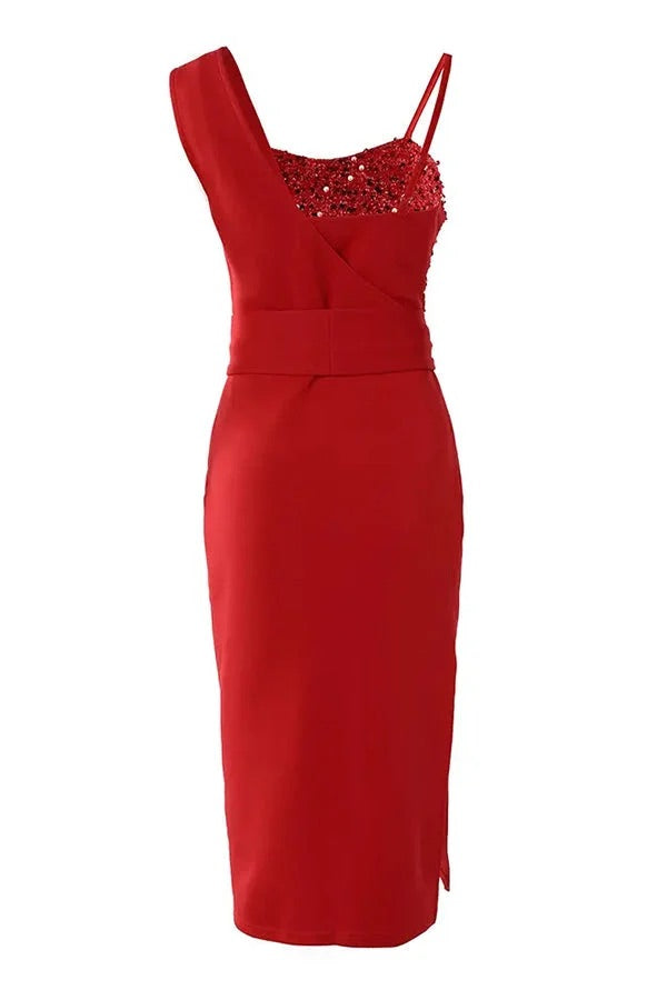 Eva - Dames Feestjurk Glitter Midi met Split en Spaghettibandjes