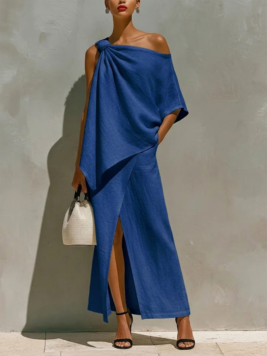 Femke - Luxe Linnen Setjurk Dames met Asymmetrische Schouder en Split