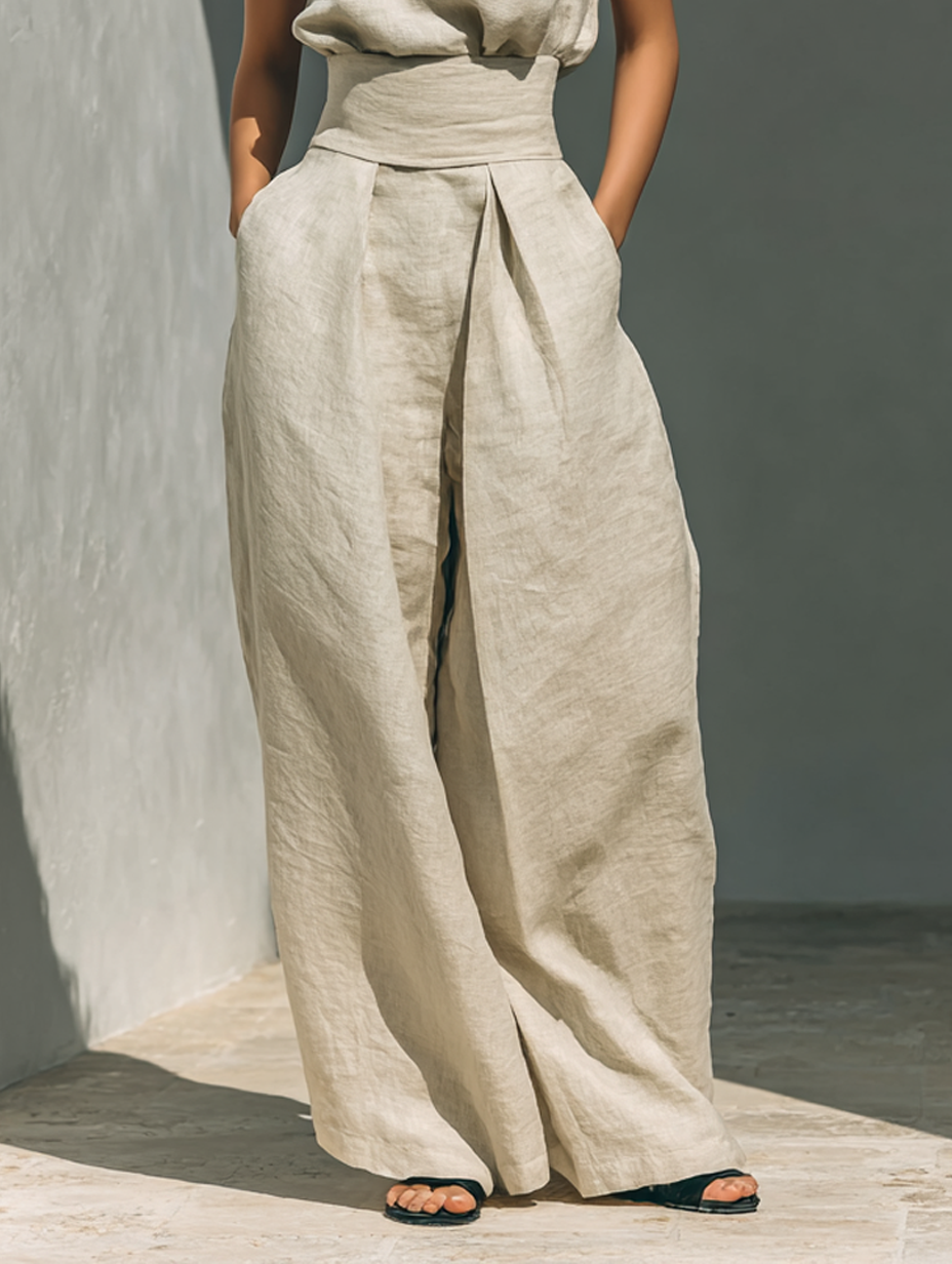 Fenna - Chique Linnen Set Dames met Wijde Palazzo Broek en Mouwloze Top