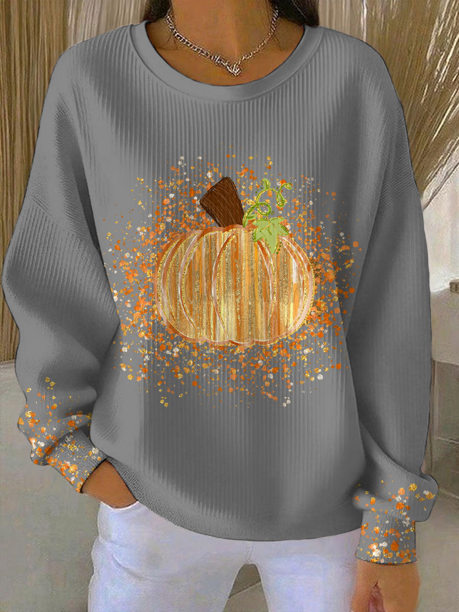 Fenna - Dames Halloween Trui met Pompoen Print en Luipaard Manchetten