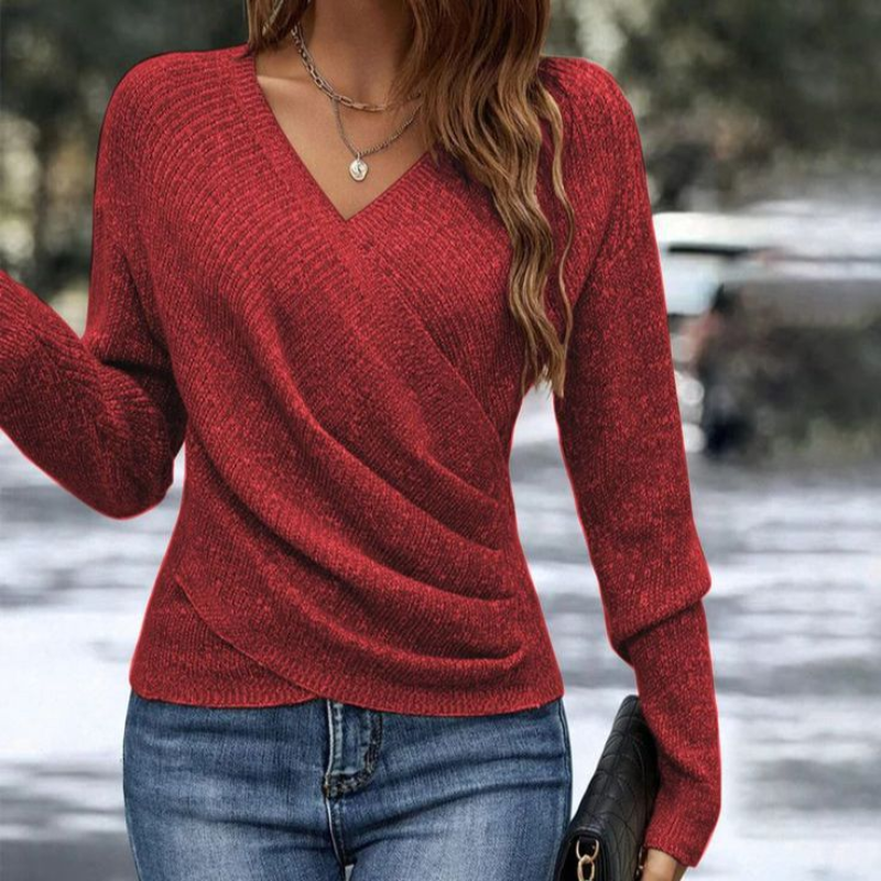 Fleur - Dames Trui Gebreid Casual Smart met Gedrapeerde Overslag en V-hals