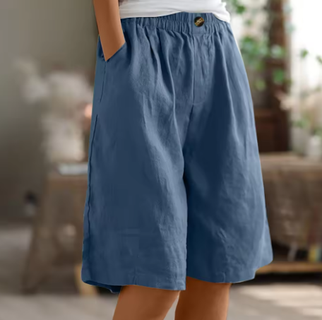 Floor - Casual Linnen Korte Broek Dames met Elastische Tailleband en Wijde Pijp