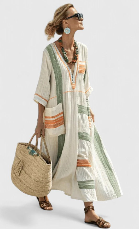 Floor - Casual Zomerjurk Dames Maxi met Kleurrijke Strepen en V-hals