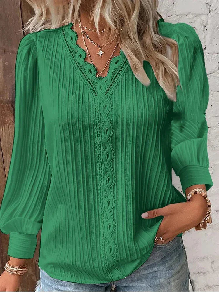 Floor - Dames Longsleeve Comfort Top met V-Hals en Knoopsluiting