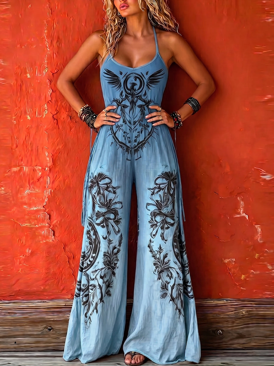 Floor - Vintage Linnen Jumpsuit Dames met Halterhals en Geknoopte Bandjes