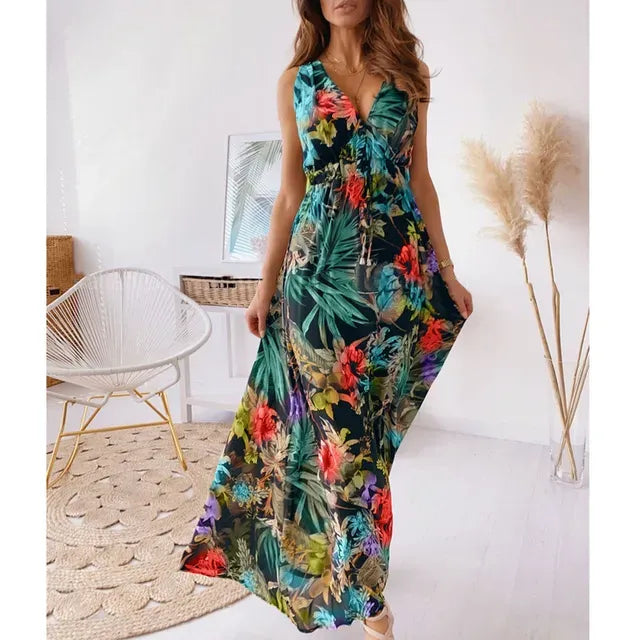 Iris - Boho Bruiloft Gastenjurk Dames met Diepe V-hals en Tropische Print