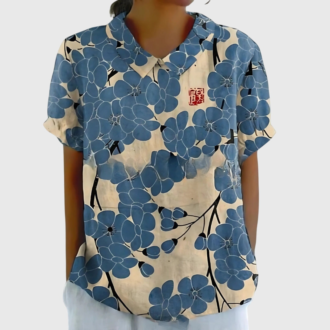 Isa - Bloemenprint Linnen Overhemd Dames met V-Hals en Korte Mouwen