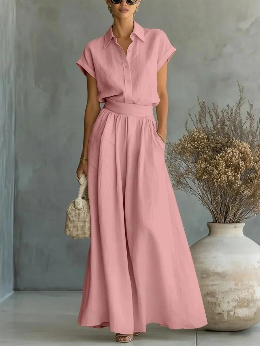 Julia - Elegante 2-Delige Linnen Set Dames met Kraag en Wijde Rok