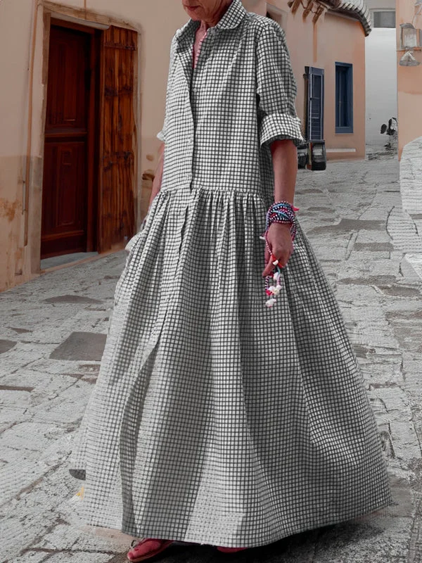 Julia - Vintage Grote Maten Maxi Jurk Dames met Blousekraag en Driekwart Mouwen