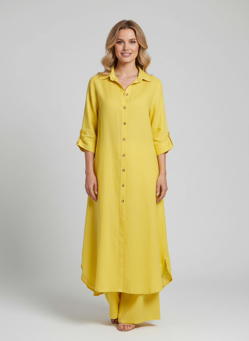 Lara - Elegante Linnen Co-Ord Set Dames met Maxi Blousejurk en Wijde Broek