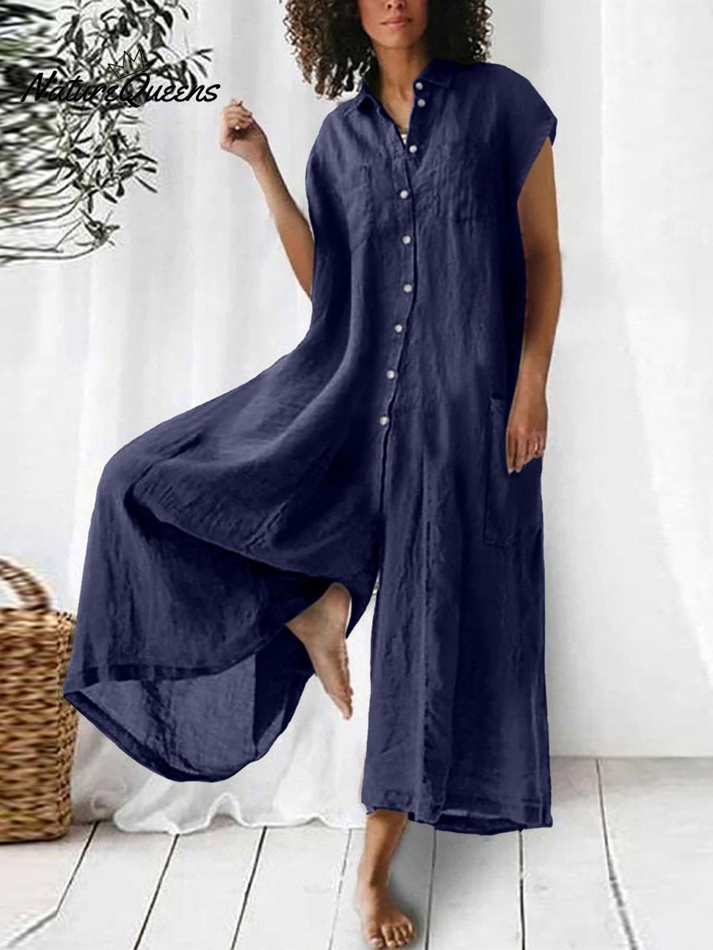 Lara - Klassieke Linnen Jumpsuit Dames met Knopen Sluiting en Korte Mouwen