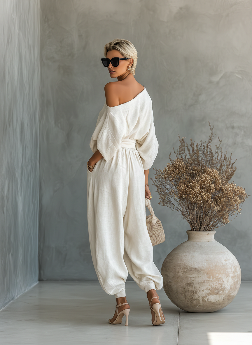 Lieke - Boho 2-Delige Linnen Set Dames met Off-shoulder en Ballonbroek