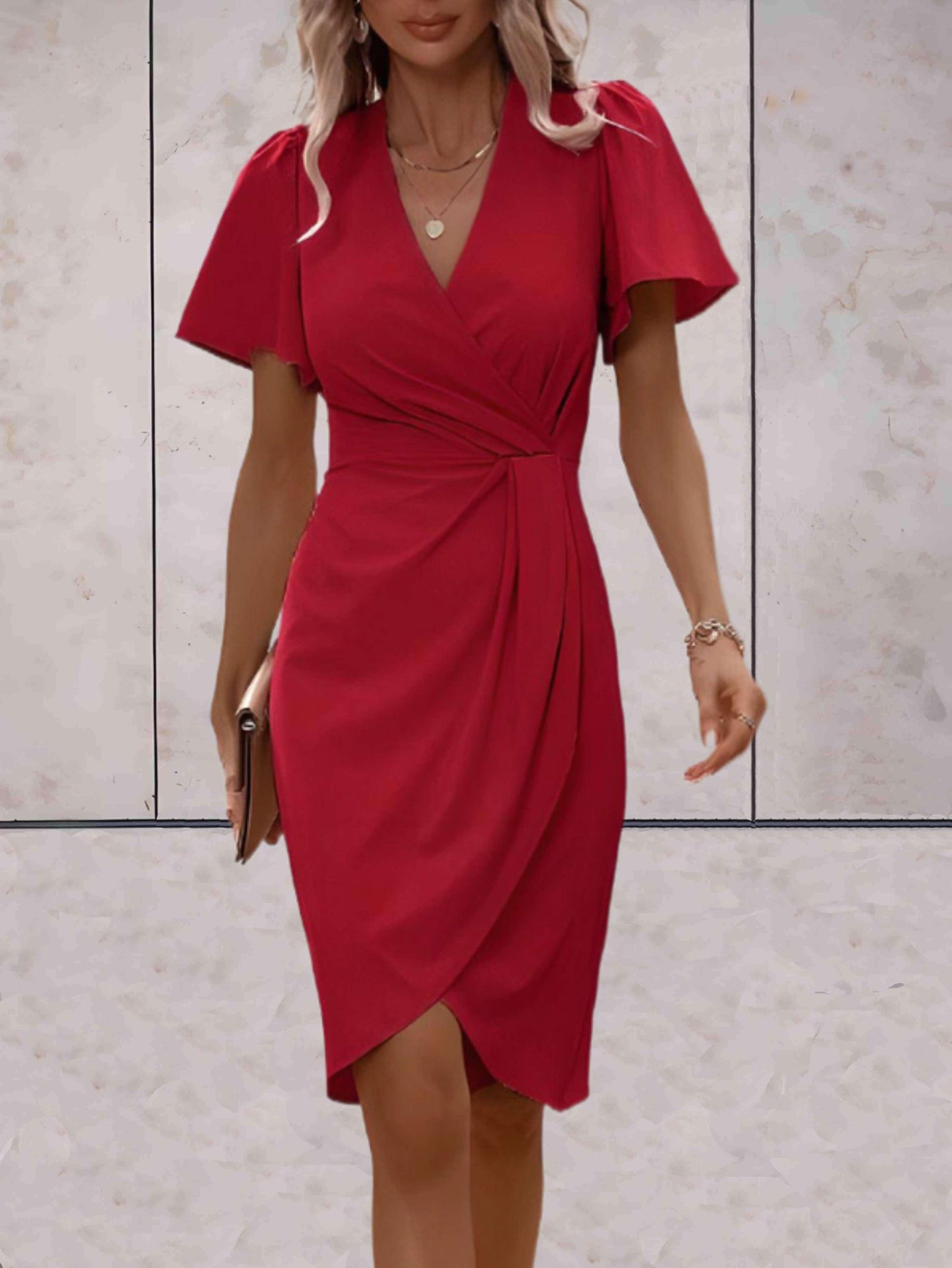 Lieke - Chique Midi Zomerjurk Dames met V-hals en Gedrapeerde Wikkelrok