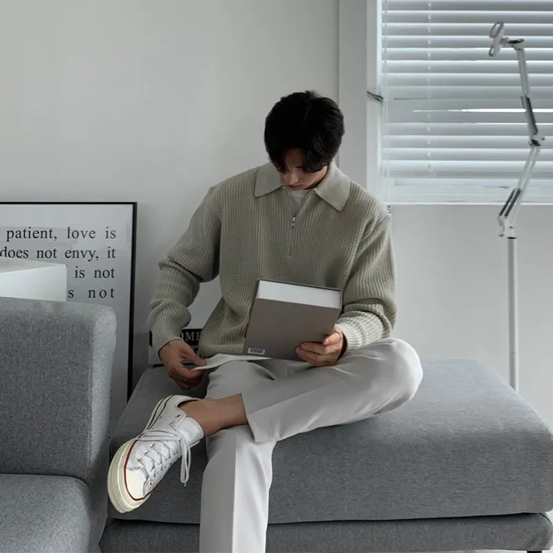 Lucas - Heren Gebreide Trui Casual Smart met Halve Rits Polokraag en Lange Mouw