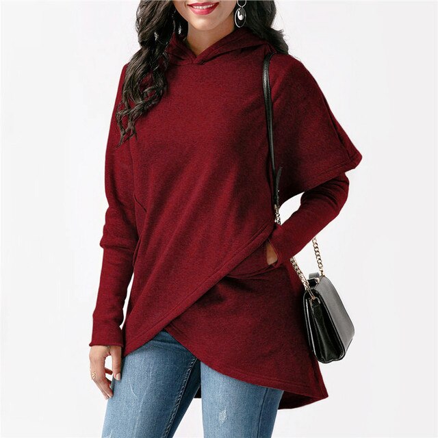 Lynn - Dames Lange Hoodie met Asymmetrische Overslagzoom en Zijzak