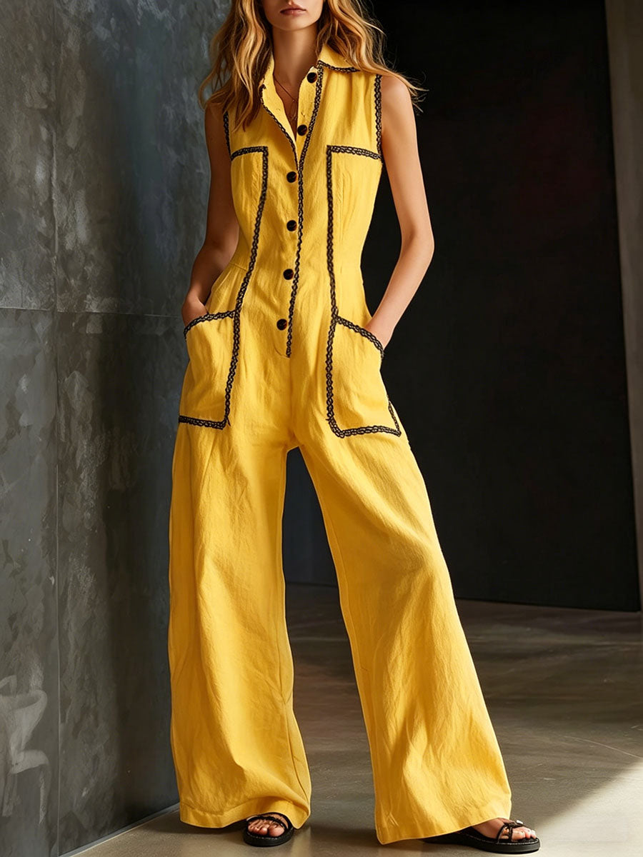 Maud - Stijlvolle Linnen Jumpsuit Set Dames met Knopen en Wijde Pijpen