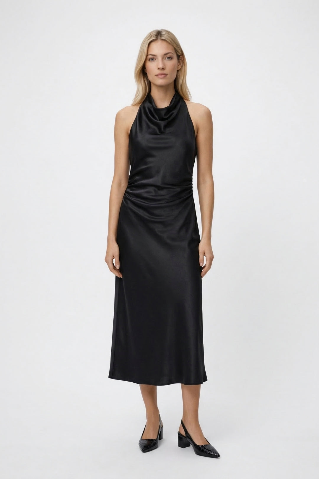 Midi Jurk Dames - Glanzend Halter met Draperie en Fronces