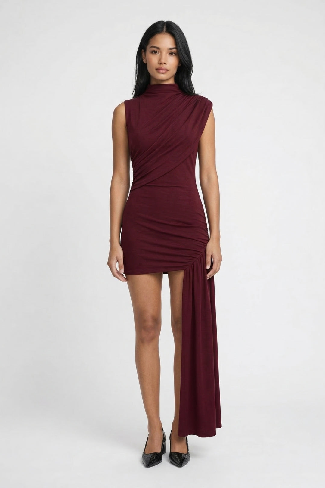 Mini Jurk Dames - Hoge Hals Diagonale Fronces Asymmetrisch