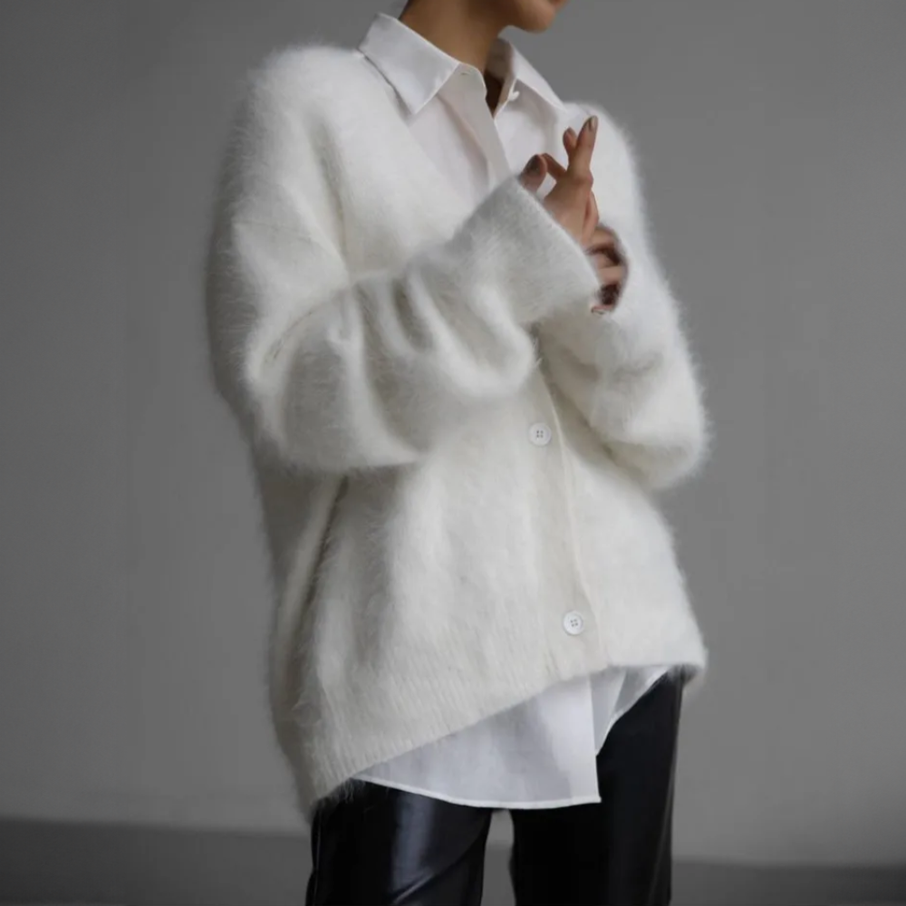 Nina - Dames Lang Vest Warm Gebreid Oversized met V-hals en Knoopsluiting