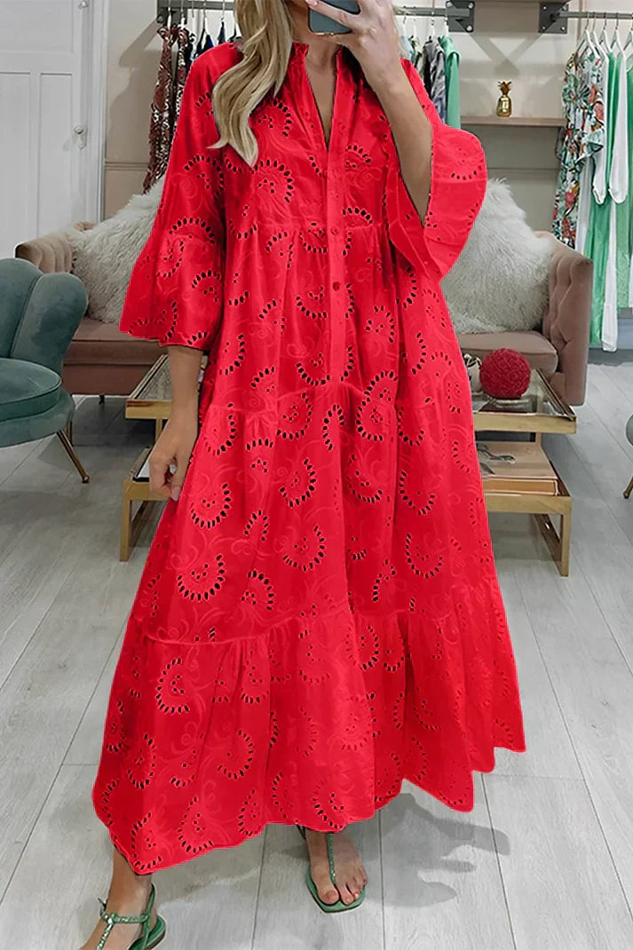 Noor - Boho Maxi Zomerjurk Dames met V-hals en Broderie Details
