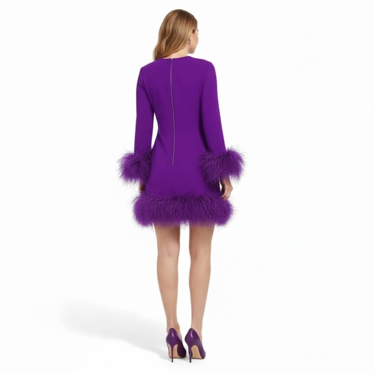 Noor - Dames Cocktailjurk Elegant met Lange Mouwen en Veren Details