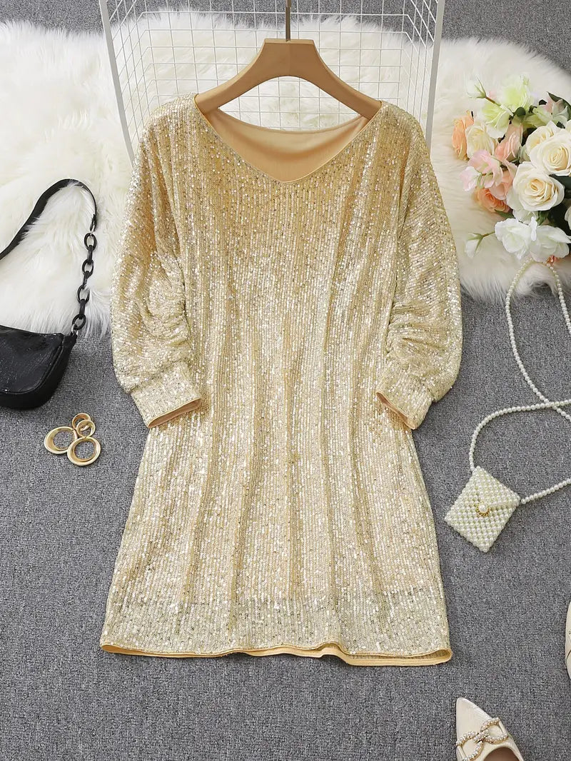 Noor - Dames Feestjurk Glitter met Pailletten Off Shoulder en Lange Mouwen