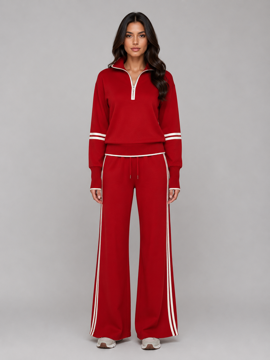 Noor - Dames Loungewear Set Half Zip met Wijde Broek en Contrastbies