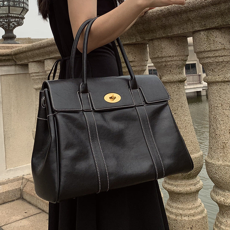 Tas Dames - Klassieke Satchel met Gouden Draaislot en Schouderband | Chic