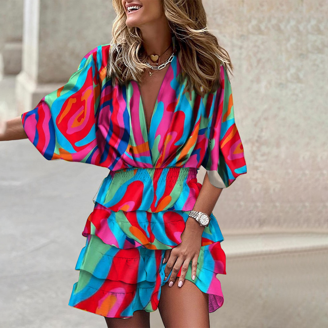 Jurk Dames - Diepe V-hals met Tropische Print en Ruches | Zomer