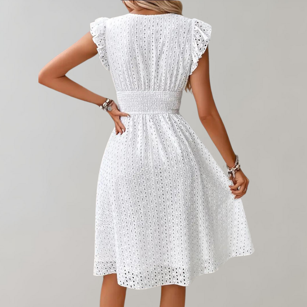 Roos - Romantische Midi Zomerjurk Dames met V-hals en Ruffle Mouwen