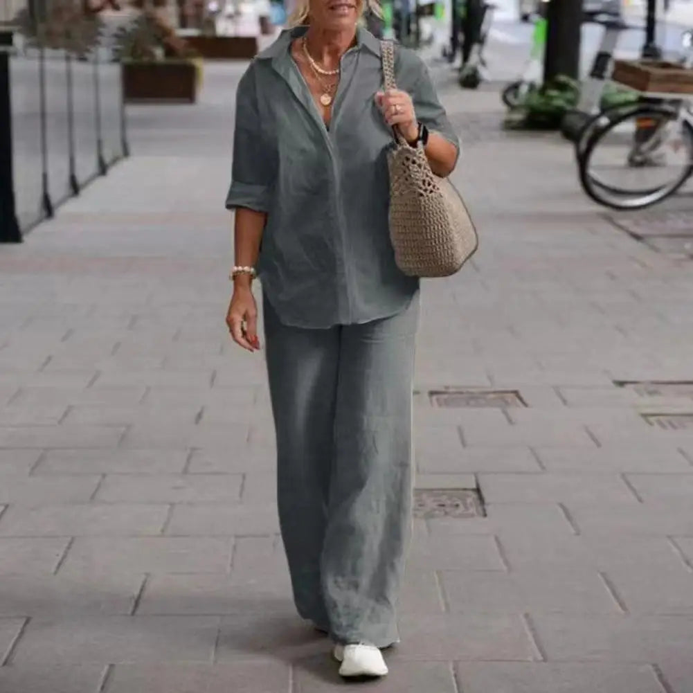 Lieke - Casual Linnen Co-ord Set Dames met Klassieke Blouse en Wijde Broek