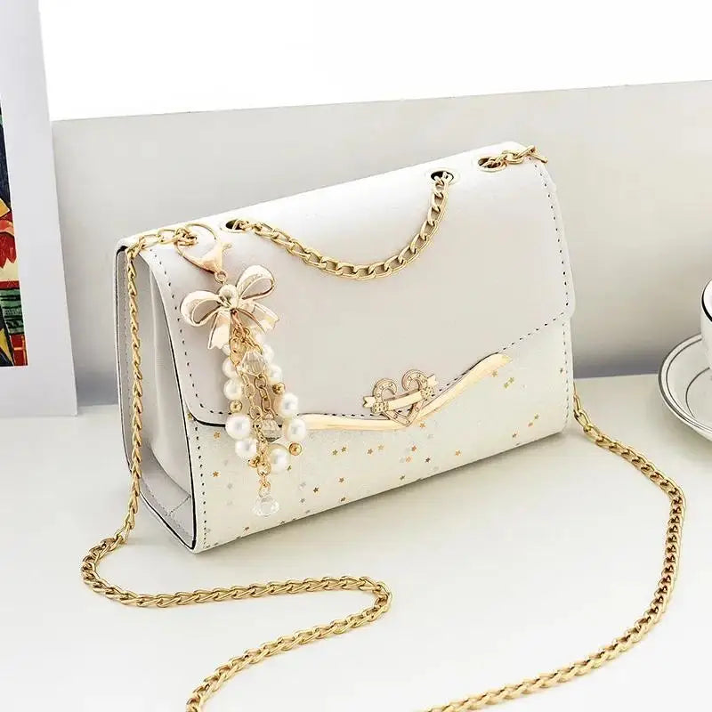 Tas Dames - Schoudertas met Gouden Ketting en Parelornament | Mini