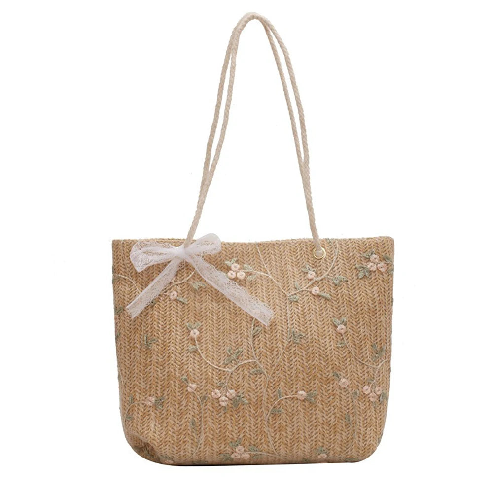 Tas Dames - Gevlochten Shopper met Bloemen en Touwhandvat | Zomer