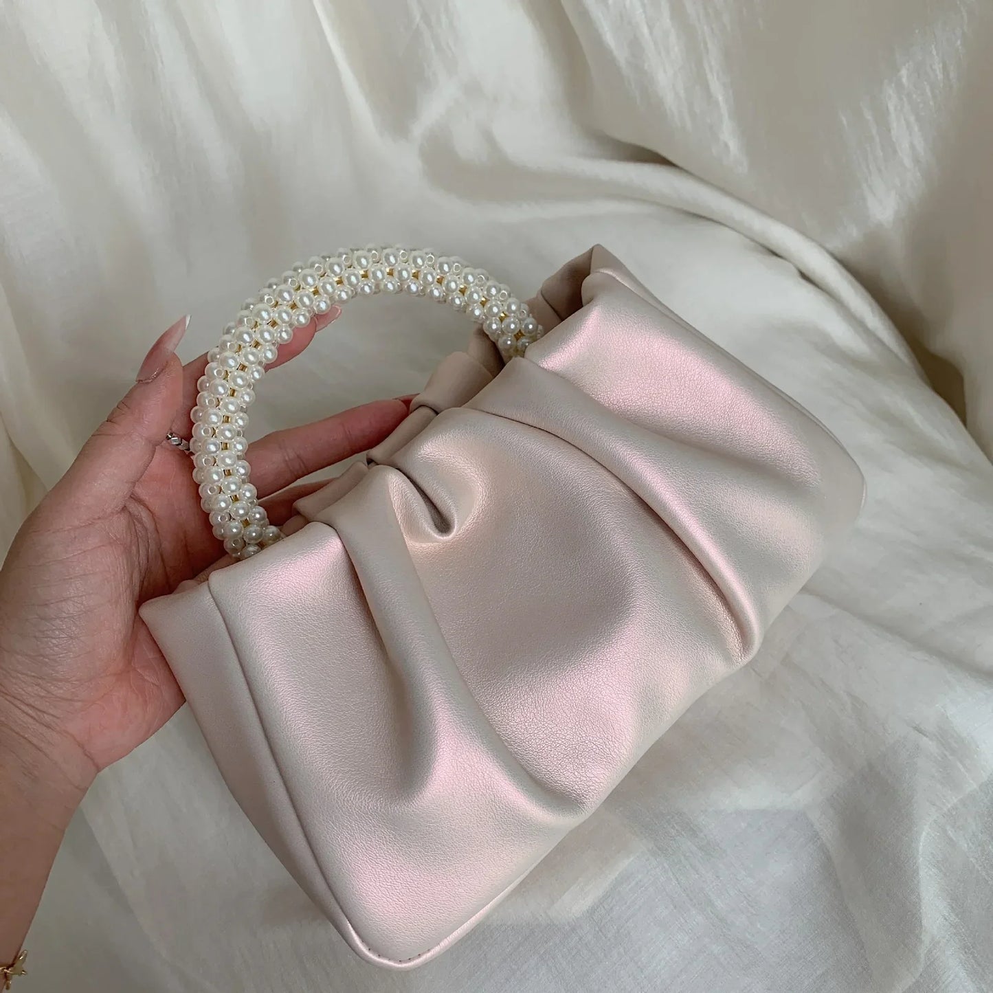 Tas Dames - Geplooide Avondtas met Parelhengsels | Elegant