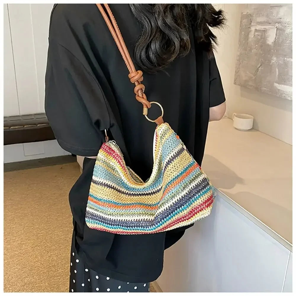 Tas Dames - Gevlochten Schoudertas met Kleurrijke Strepen | Boho