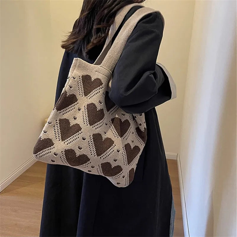 Tas Dames - Gebreide Tote Bag met Hartjespatroon | Casual