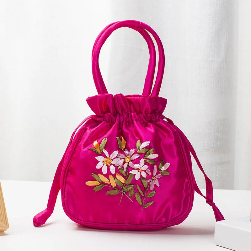 Avondtasje Dames - Bucket Tas met Bloemenborduursels | Feest