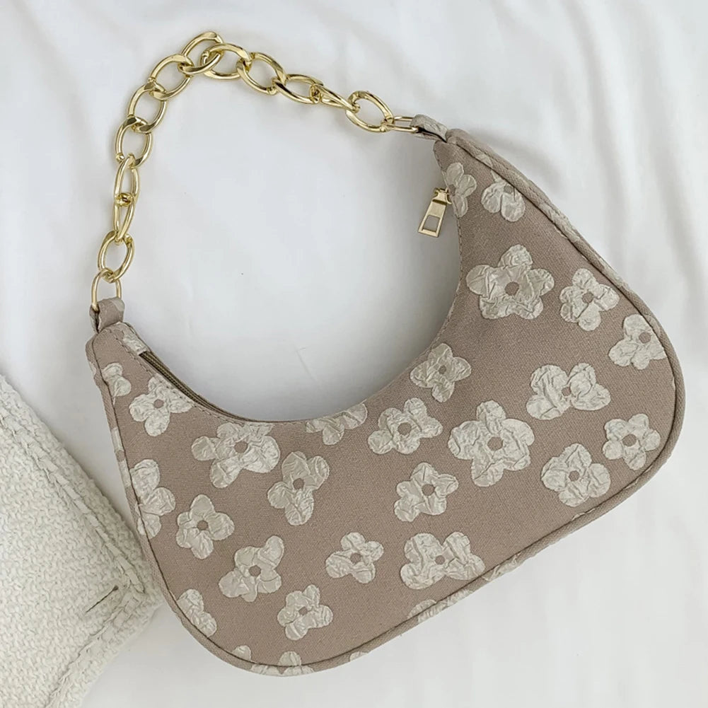Schoudertas Dames - Halfmaan Tas met Parelketting en Bloemen | Chique