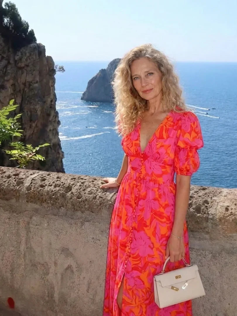 Saar - Vintage Zomerjurk Dames met V-hals en Pofmouwen