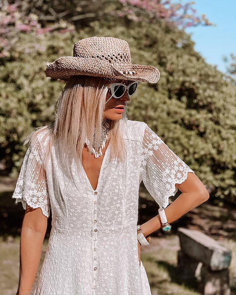 Sanne - Boho Bruiloft Gastenjurk Dames met Kanten Ruffle Details en Diepe V-hals