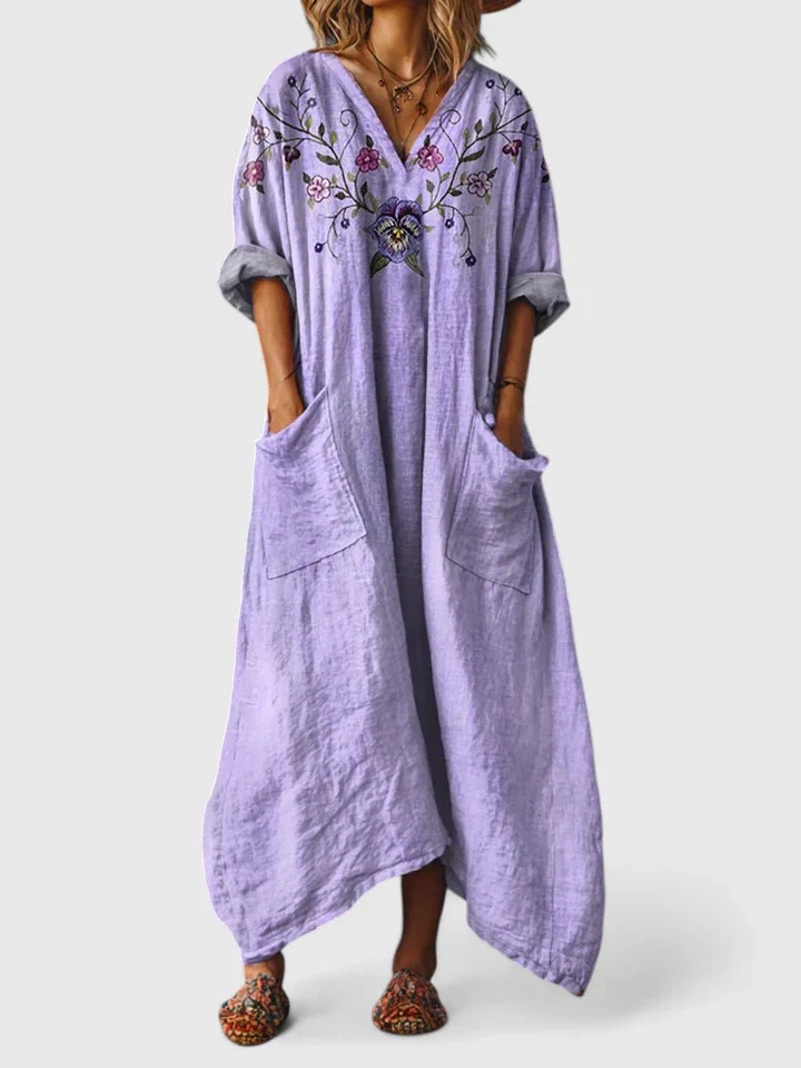 Sanne - Boho Linnen Maxi Jurk Dames met V-hals en Zakken