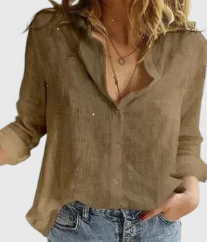 Sanne - Chique Linnen Blouse Dames met Lange Mouwen en Klassieke Kraag